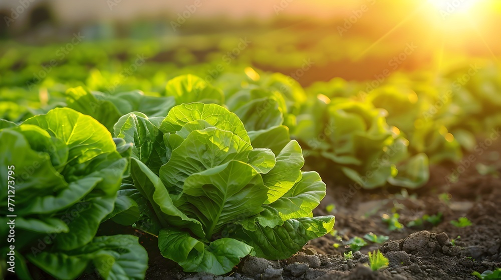 Sticker Lush Lettuce Field Bathed in Warm Sunlight,Thriving Organic Garden Cultivation