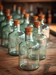 Corked glass containers in a line for storage.