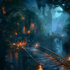Illuminated Fairytale Landscape with Glowing Castle and Cascading Waterfall in Enchanted Forest at Night