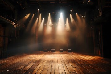 Illuminated Wooden Stage with Dramatic Spotlight Lighting in Empty Performance Venue - obrazy, fototapety, plakaty