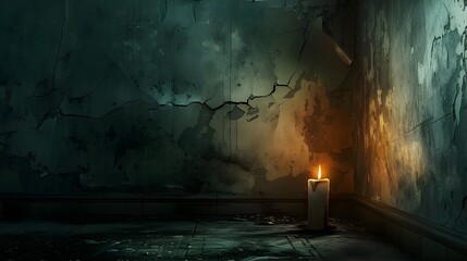 Lone Candle Flickering in Abandoned Dark Corridor Evoking Mysterious and Unsettling Atmosphere - obrazy, fototapety, plakaty