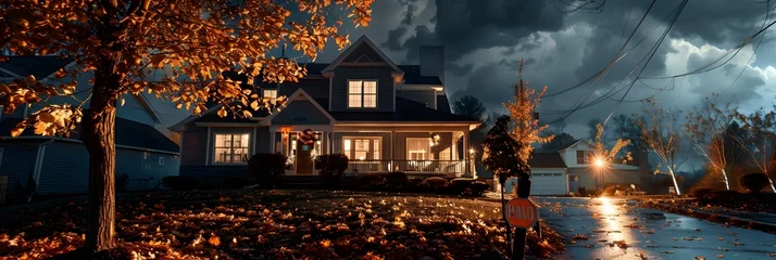 Foto op Plexiglas Cozy Autumn Cottage Nestled in a Picturesque Forest Landscape at Dusk © Mickey