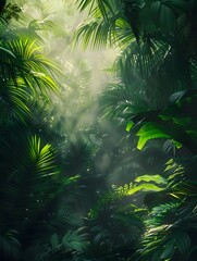 Lush,Verdant Tropical Forest with Beams of Sunlight Filtering Through the Canopy,Evoking a Sense of Tranquility and Wonder