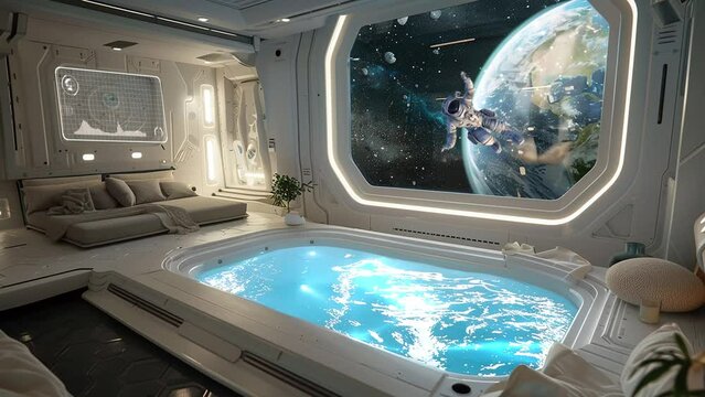 futuristic haven indulge in opulence in a space station. seamless looping overlay 4k virtual video animation background