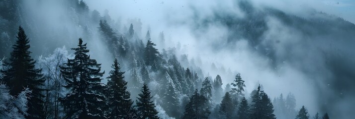 Misty Pine Forest in Rugged Mountain Landscape During Dramatic Winter Weather
