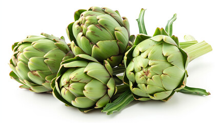 Close-up of fresh artichokes on white background, Full frame of purple italian artichokes, Artichoke, Fresh Green Vegetable with Edible Heart, Isolated on White background,   Whole and halved fresh. 