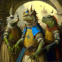 Ancient reptilian aliens. Generated image. Digital rendering of reptilian aliens in a medieval setting. Fantasy art.