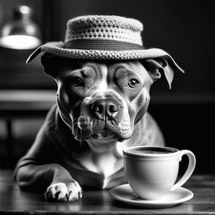 Portrait of a dog in a hat in a cafe, with a cup of coffee. Photo generative AI