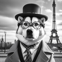 Portrait of a Husky dog wearing glasses, a hat and a coat against the background of the Eiffel Tower. AI generation.