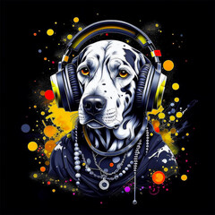 Fashionable Dalmatian listens to music on headphones.  Generative AI. - 771274324