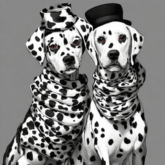 Portrait of two Dalmatian dogs in hats and scarves. Generative AI.