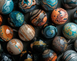 Obraz premium A collection of crafted planetary spheres capturing the essence of different celestial bodies in our solar system, with vibrant topographies and intricate atmospheric elements meticulously depicted