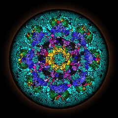 Colorful pattern in style of Gothic stained glass window with round frame. Abstract floral ornament. - 771274394