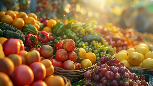 , *brightly colored fruits and vegetables*, *a refreshing and healthy drink*, *vibrant market scene with piles of produce*, *3D render*, *golden hour lighting*, *depth of field bokeh effect*