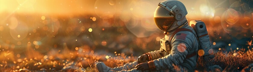 Astronaut, space suit, time dilation, contemplating life beyond Earth, 3D render, golden hour, Lens Flare - obrazy, fototapety, plakaty