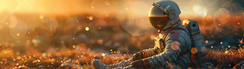 Foto op Canvas Astronaut, space suit, time dilation, contemplating life beyond Earth, 3D render, golden hour, Lens Flare © Jiraphiphat