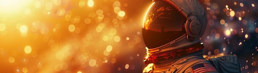 Astronaut, space suit, time dilation, contemplating life beyond Earth, 3D render, golden hour, Lens Flare - obrazy, fototapety, plakaty