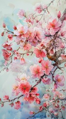 Cherry Blossom Tree, Petals dancing in the wind, Delicate and fleeting beauty, Watercolor artwork, Soft hues of pink and white, Warm spring sunlight filtering through the branches