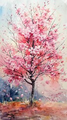 Obraz na płótnie Canvas Cherry Blossom Tree, Petals dancing in the wind, Delicate and fleeting beauty, Watercolor artwork, Soft hues of pink and white, Warm spring sunlight filtering through the branches