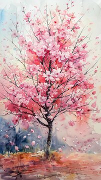 Cherry Blossom Tree, Petals dancing in the wind, Delicate and fleeting beauty, Watercolor artwork, Soft hues of pink and white, Warm spring sunlight filtering through the branches