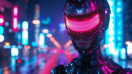 Cyborg Woman, metallic limbs, fierce warrior, exploring a futuristic cityscape, under neon lights (3D render, Neon lighting, Depth of field bokeh effect)