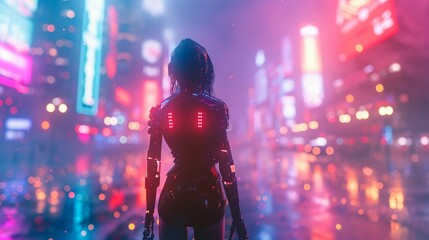 Cyborg Woman, metallic limbs, fierce warrior, exploring a futuristic cityscape, under neon lights (3D render, Neon lighting, Depth of field bokeh effect) - obrazy, fototapety, plakaty
