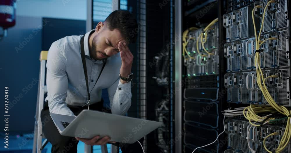 Poster Man, programming and headache from working with data on pc in server room or technician with burnout. Tired, programmer or person with fatigue or stress on mistake, error or fail in datacenter system