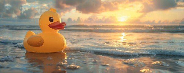 Giant rubber ducky, inflatable pool toy, beach day fun, surreal setting, photography, golden hour lighting, whimsical and dreamy ambiance - obrazy, fototapety, plakaty