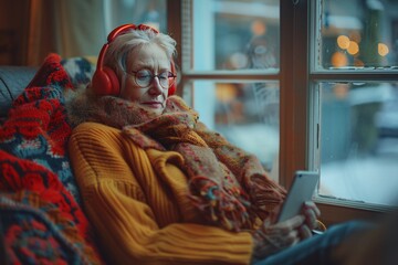 Elderly lady using her mobile device to listen to an audio recording with headphones.