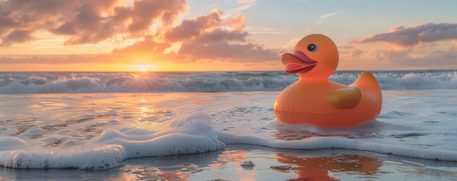 Giant rubber ducky, inflatable pool toy, beach day fun, surreal setting, photography, golden hour lighting, whimsical and dreamy ambiance