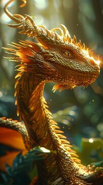 Golden dragon, organic texture, majestic reptile watching over a lush forest, sunny, 3D render, backlight, lens flare