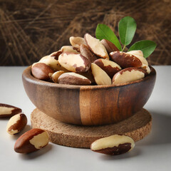 wooden bowl of tasty brazil nuts on white background