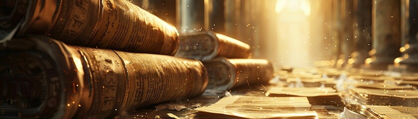 Library of Alexandria, Ancient Scrolls, Knowledge Expansion, Modern Technology Advancements, Illustration, Golden hour, Vignette - obrazy, fototapety, plakaty