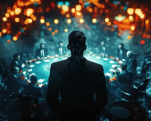 Fototapeta na wymiar Mob Boss, tailored suit, ruthless leader, holding a secret meeting in a dimly lit underground casino, rain pouring outside, 3D render, backlights, depth of field bokeh effect