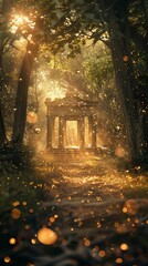 Mystical forest, shimmering mist, glowing fireflies, ancient ruins in the background Realistic, golden hour lighting, depth of field bokeh effect