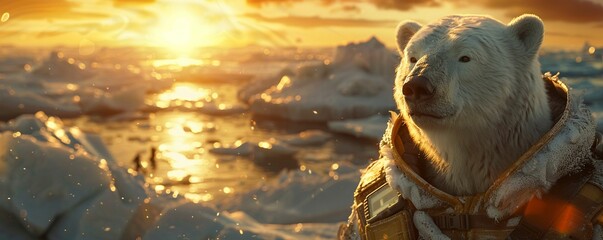 Polar Bear, explorer outfit, brave Arctic explorer on a sled dog expedition, glistening icebergs in the background, frosty atmosphere, realistic, golden hour, lens flare