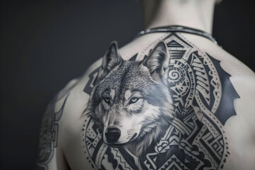 Fusion of Culture and Modernity in Monochromatic Wolf-Inspired KB Tattoo Design