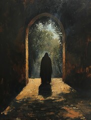 Time Traveler, Robes, Seeking lost wisdom, Rediscovering Alexandrias secrets, Sunny day, Realistic painting, Silhouette lighting - obrazy, fototapety, plakaty