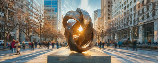 Unity sculpture symbolizing diversity, harmony, and peace in a bustling public square - obrazy, fototapety, plakaty