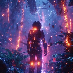 Virtual adventurer, glowing armor, traversing a neon jungle, under a starlit sky, 3D render, backlighting, lens flare