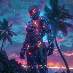 Virtual adventurer, glowing armor, traversing a neon jungle, under a starlit sky, 3D render, backlighting, lens flare