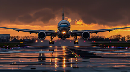 A large jetliner taking off from an airport runway at sunset or dawn with the landing gear down and the landing gear down