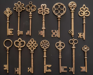 A collection of weathered brass skeleton keys with intricate designs