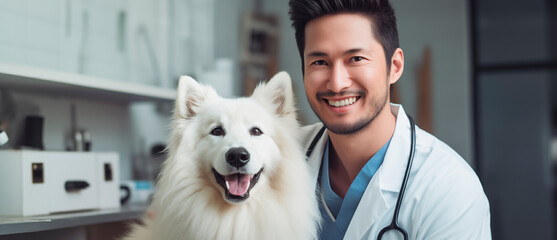 Veterinarian and dog. Attractive, positive graphic composition.