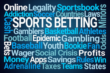 Sports Betting Word Cloud on Blue Background - obrazy, fototapety, plakaty