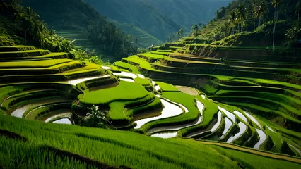 Fototapeten aerial view of green rice field terraces with clean sky and rural vibes © HeyKun