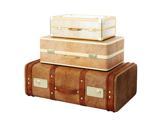 Two stacked vintage suitcases isolated on a white background, concept of travel and adventure
