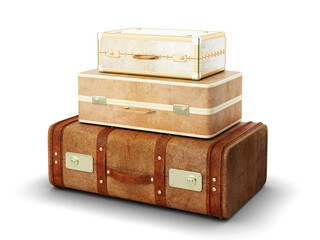 Stacked vintage suitcases isolated on a white background, symbolizing travel and adventure