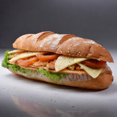yummy baguette sandwich with various vegetables and slices of cheese placed on white background in studio