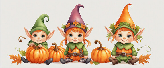 Obraz na płótnie Canvas Set of Cute elf with pumpkin decoration watercolor style isolated on transparent background colorful background